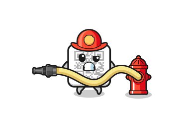 qr code cartoon as firefighter mascot with water hose , cute design