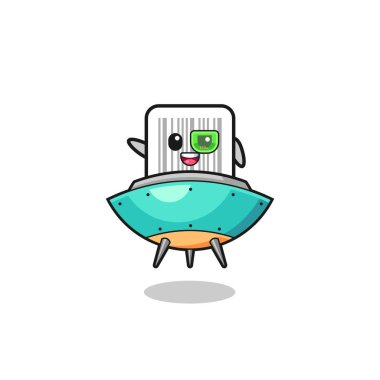 barcode cartoon riding a future spaceship , cute design