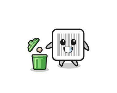 illustration of the barcode throwing garbage in the trash can , cute design