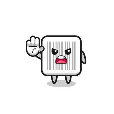 barcode character doing stop gesture , cute design