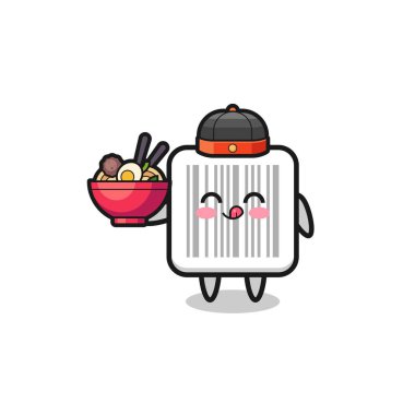 barcode as Chinese chef mascot holding a noodle bowl , cute design