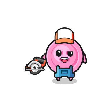 the woodworker clothing button mascot holding a circular saw , cute design