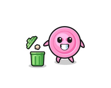 illustration of the clothing button throwing garbage in the trash can , cute design
