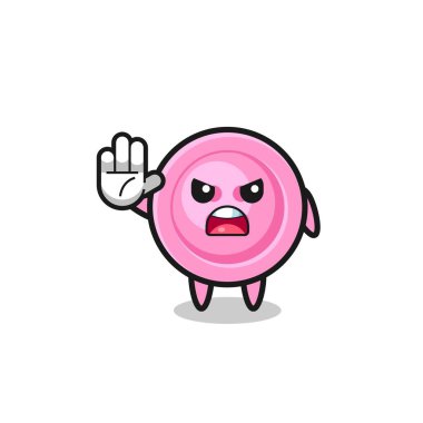 clothing button character doing stop gesture , cute design