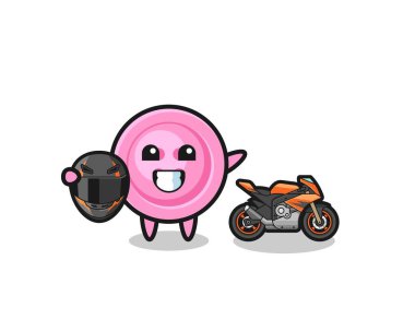 cute clothing button cartoon as a motorcycle racer , cute design