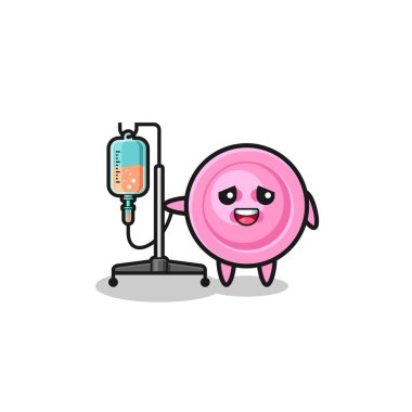 cute clothing button character standing with infusion pole , cute design