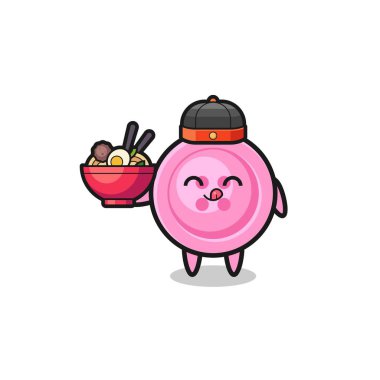 clothing button as Chinese chef mascot holding a noodle bowl , cute design