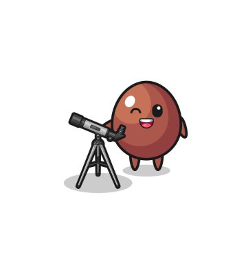 chocolate egg astronomer mascot with a modern telescope , cute design