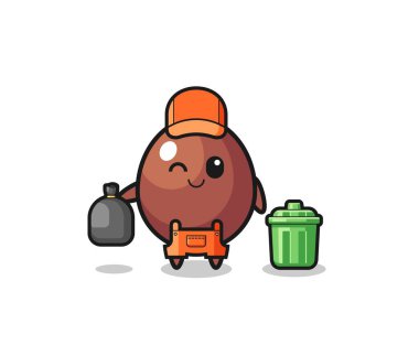 the mascot of cute chocolate egg as garbage collector , cute design