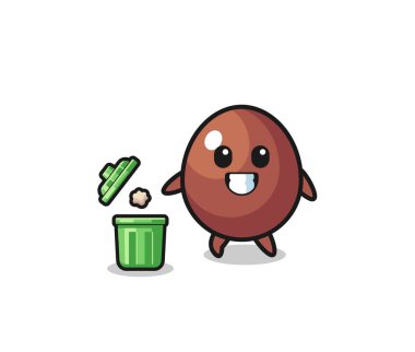 illustration of the chocolate egg throwing garbage in the trash can , cute design