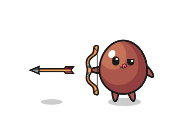 illustration of chocolate egg character doing archery , cute design