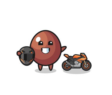 cute chocolate egg cartoon as a motorcycle racer , cute design