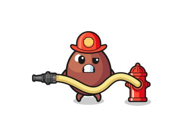 chocolate egg cartoon as firefighter mascot with water hose , cute design