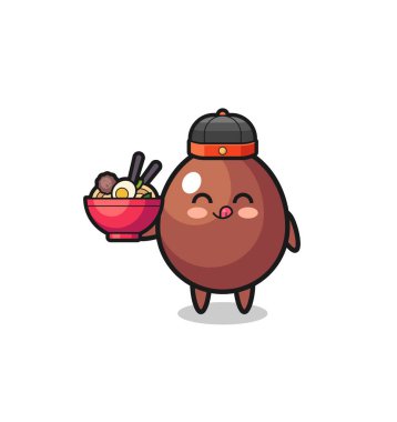 chocolate egg as Chinese chef mascot holding a noodle bowl , cute design