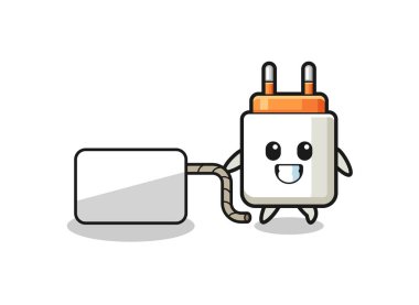 power adapter cartoon is pulling a banner , cute design
