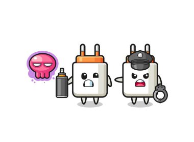 power adapter cartoon doing vandalism and caught by the police , cute design