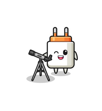 power adapter astronomer mascot with a modern telescope , cute design