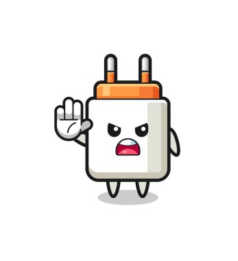 power adapter character doing stop gesture , cute design