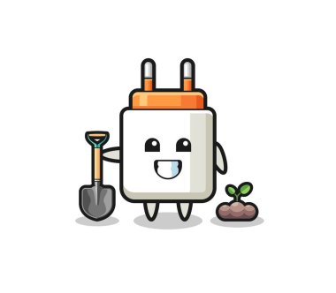 cute power adapter cartoon is planting a tree seed , cute design