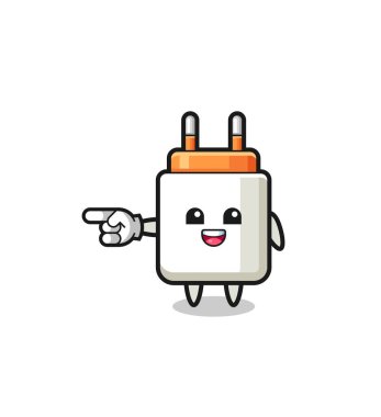 power adapter cartoon with pointing left gesture , cute design