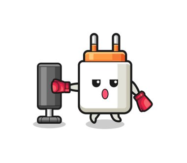 power adapter boxer cartoon doing training with punching bag , cute design