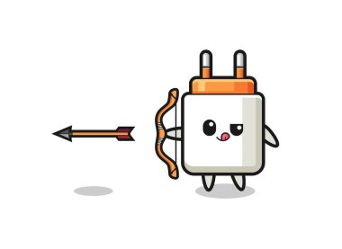 illustration of power adapter character doing archery , cute design