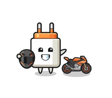 cute power adapter cartoon as a motorcycle racer , cute design