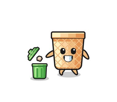 illustration of the waffle cone throwing garbage in the trash can , cute design