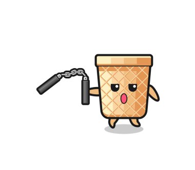 cartoon of waffle cone using nunchaku , cute design