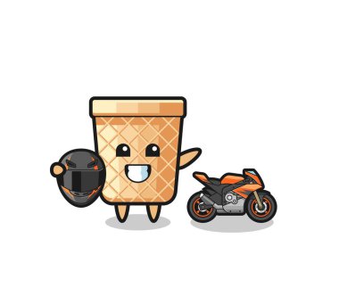 cute waffle cone cartoon as a motorcycle racer , cute design