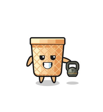 waffle cone mascot lifting kettlebell in the gym , cute design