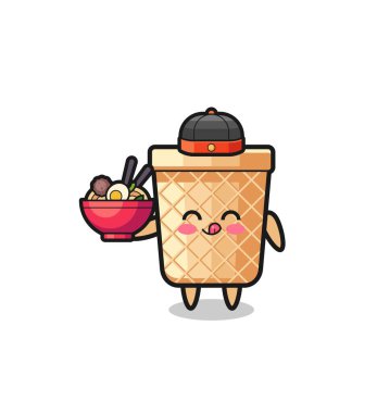 waffle cone as Chinese chef mascot holding a noodle bowl , cute design
