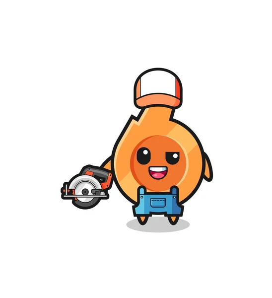 Woodworker Whistle Mascot Holding Circular Saw Cute Design — Stockový vektor