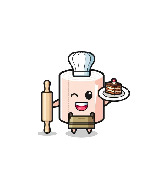 Tissue Roll Pastry Chef Mascot Hold Rolling Pin Cute Design — Stockvektor
