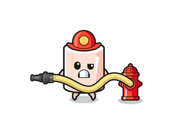 Tissue Roll Cartoon Firefighter Mascot Water Hose Cute Design — 图库矢量图片