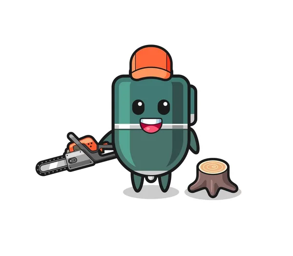Ballpoint Pen Lumberjack Character Holding Chainsaw Cute Design — Image vectorielle