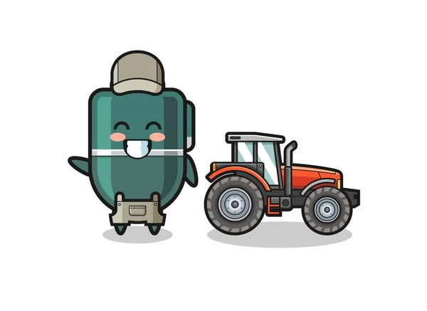 Ballpoint Pen Farmer Mascot Standing Tractor Cute Design — Vettoriale Stock