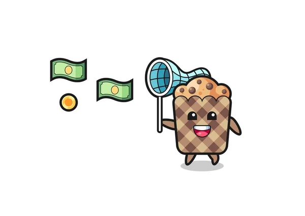 Illustration Muffin Catching Flying Money Cute Design — Wektor stockowy