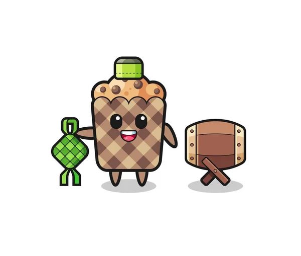 Muffin Muslim Character Celebrating Eid Fitr Cute Design — Wektor stockowy