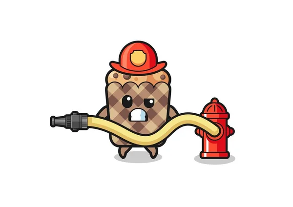 Muffin Cartoon Firefighter Mascot Water Hose Cute Design —  Vetores de Stock