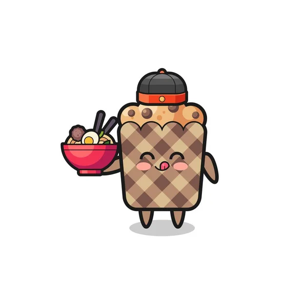 Muffin Chinese Chef Mascot Holding Noodle Bowl Cute Design — Stok Vektör