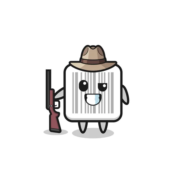 Barcode Hunter Mascot Holding Gun Cute Design — Stockový vektor