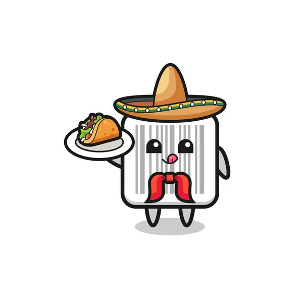 Barcode Mexican Chef Mascot Holding Taco Cute Design — Stock vektor
