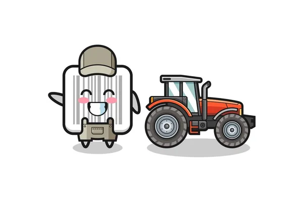 Barcode Farmer Mascot Standing Tractor Cute Design — Vetor de Stock