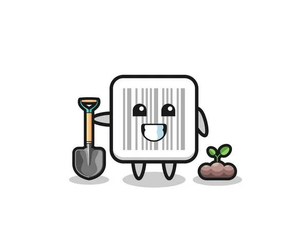 Cute Barcode Cartoon Planting Tree Seed Cute Design — стоковый вектор