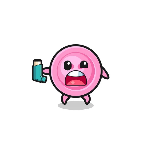 Clothing Button Mascot Having Asthma While Holding Inhaler Cute Design — 스톡 벡터