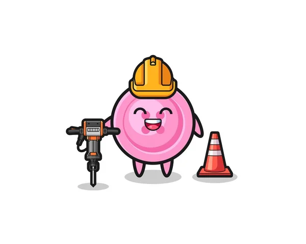 Road Worker Mascot Clothing Button Holding Drill Machine Cute Design — Vector de stock