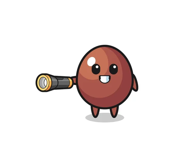 Chocolate Egg Mascot Holding Flashlight Cute Design — стоковый вектор