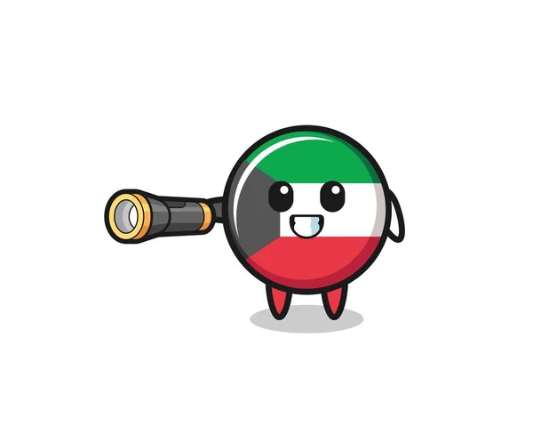 Kuwait Flag Mascot Holding Flashlight Cute Design — Stok Vektör