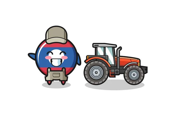 Laos Flag Farmer Mascot Standing Tractor Cute Design — Stock Vector